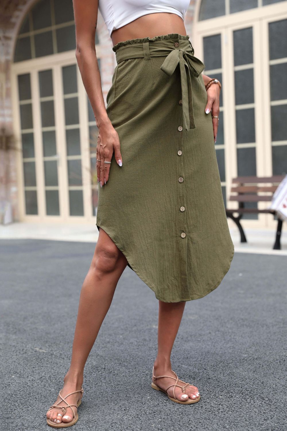 Tie Belt Frill Trim Buttoned Long Khaki Skirt