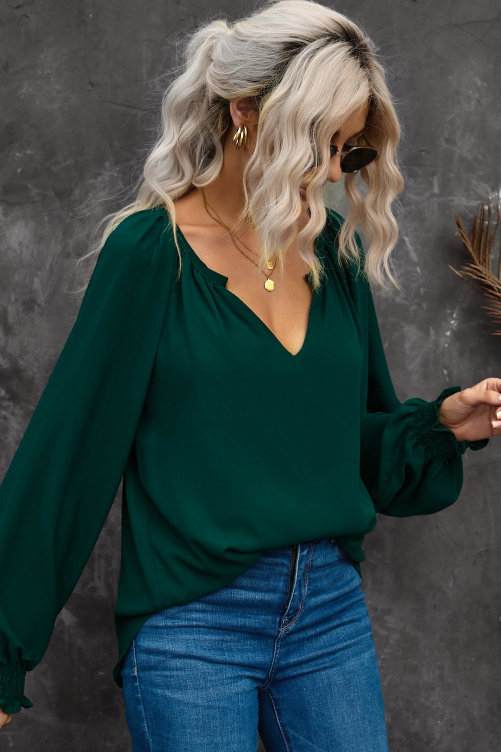 Notched Neck Lantern Sleeve Blouse