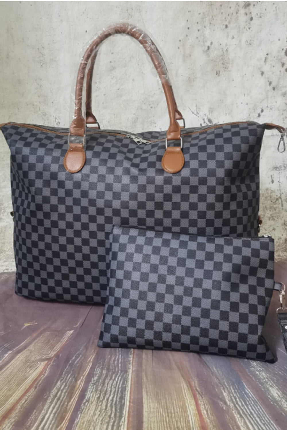 Checker Print Bag and Wallet Set