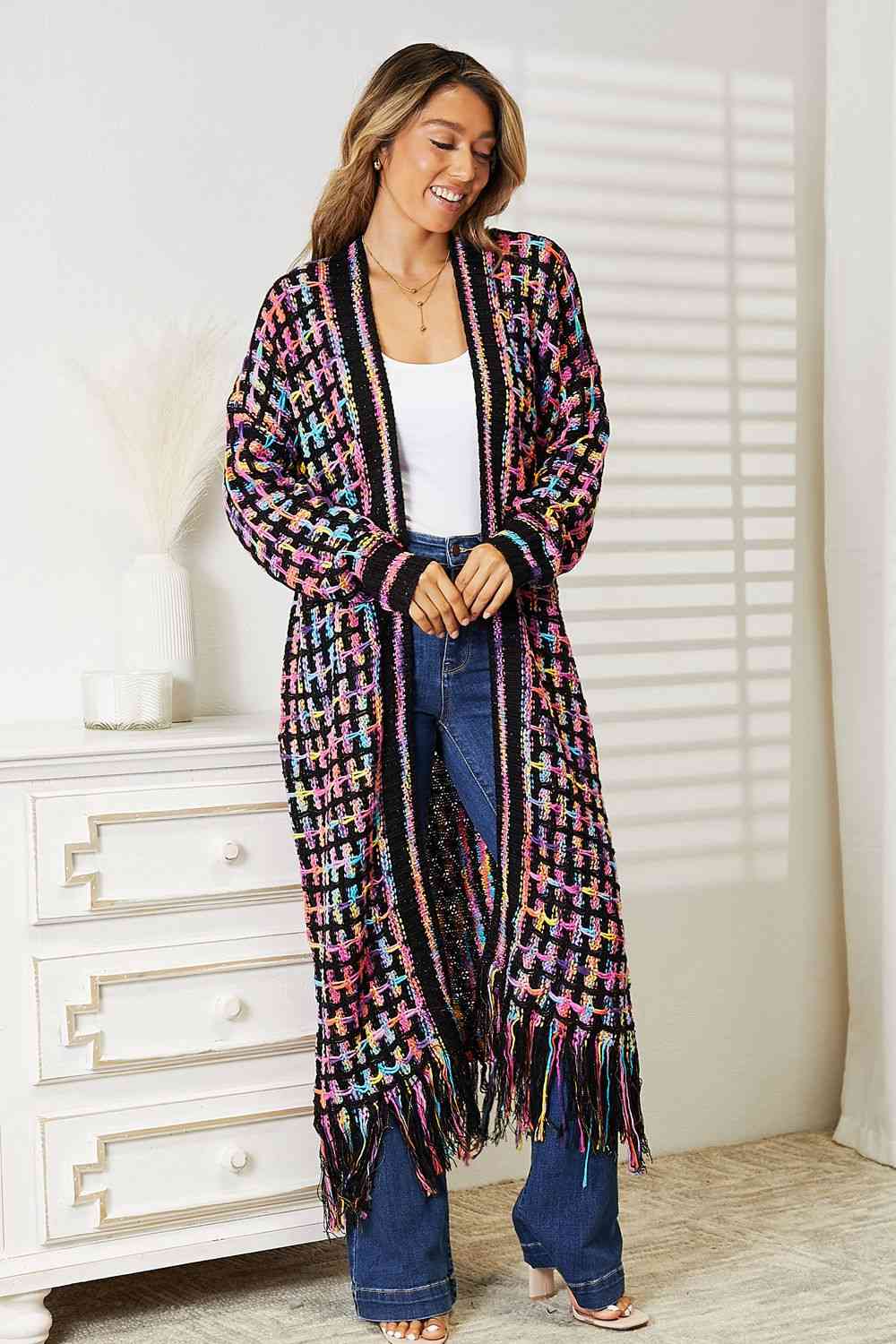 Crochet Knit Multicolored Open Front Fringe Cardigan