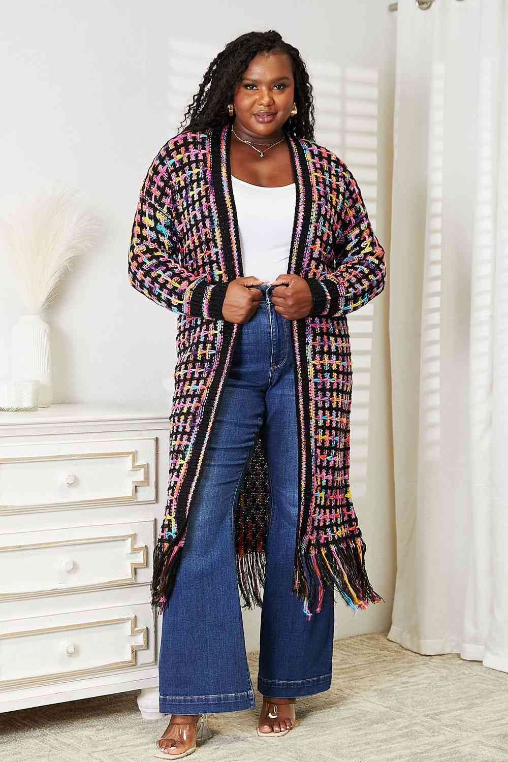 Crochet Knit Multicolored Open Front Fringe Cardigan