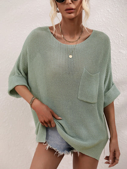 Boat Neck Cuffed Sleeve Slit Tunic Knit Top