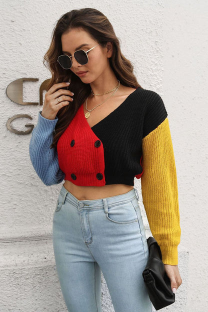 Cropped Contrast Color V- Neck Buttoned Caradigan