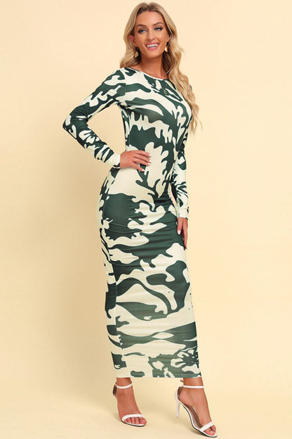 Printed Backless Long Sleeve Maxi Cocktail Dress