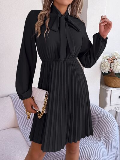 Tie Neck Balloon Sleeve Pleated Dress