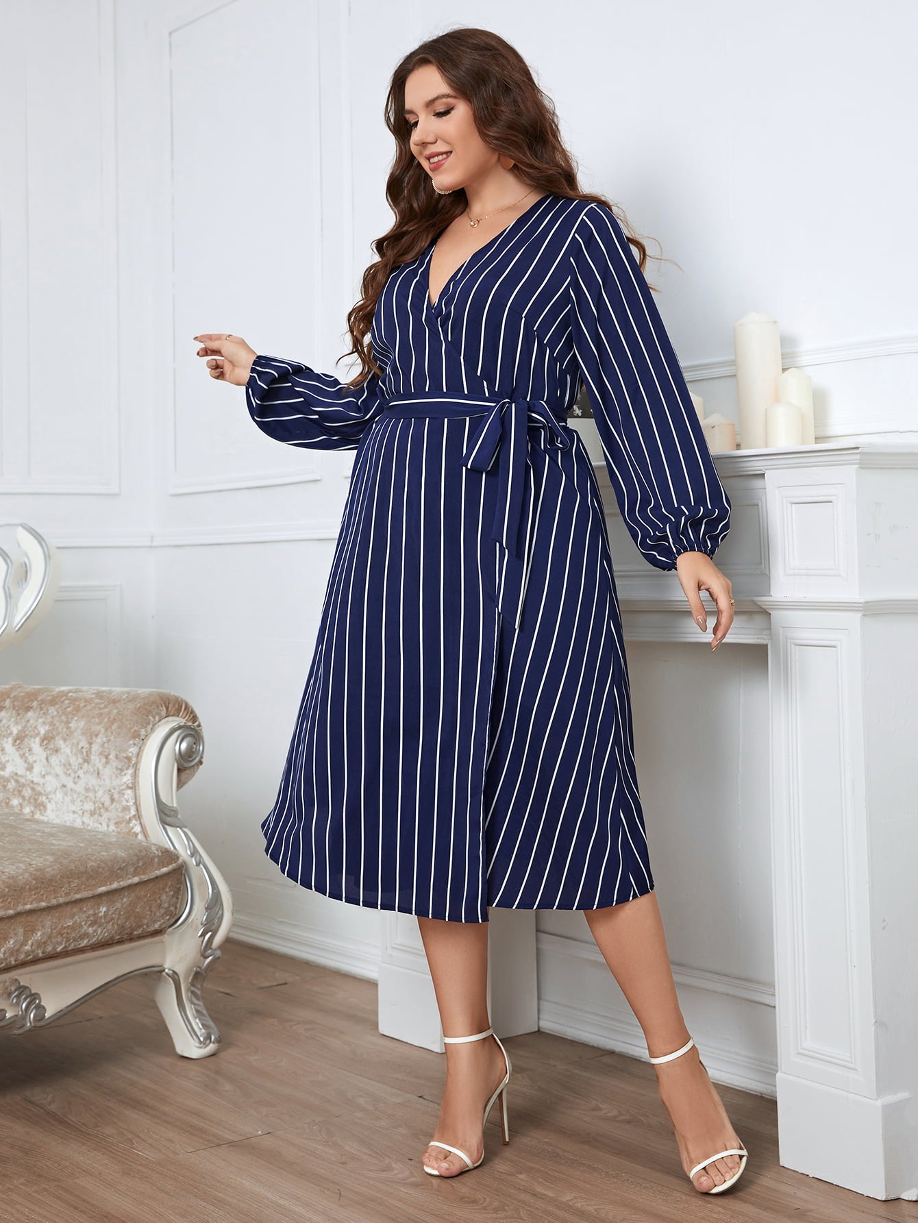 Plus Size Striped Surplice Neck Long Sleeve Dress