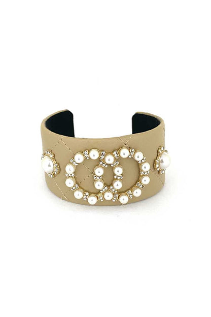 Fashion Pearl Double Round Studded Faux Leather Cuff Bracelet