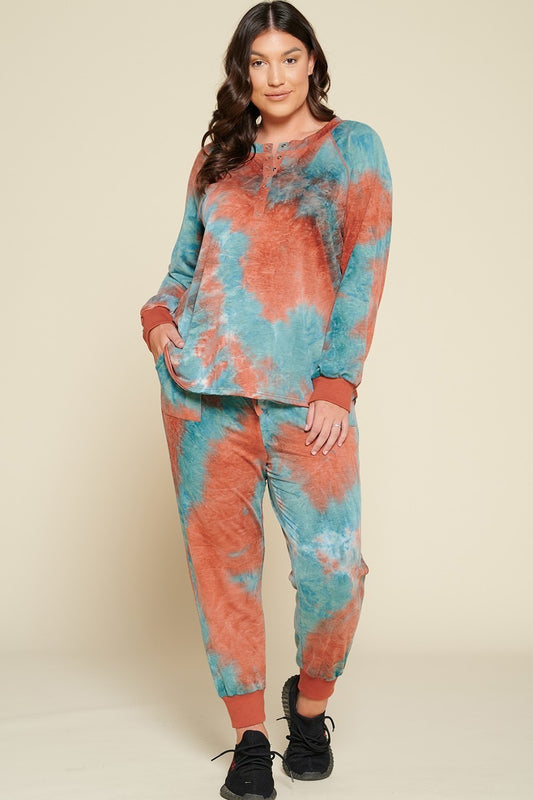 Plus Size Tie-dye Printed French Terry Knit Loungewear Set