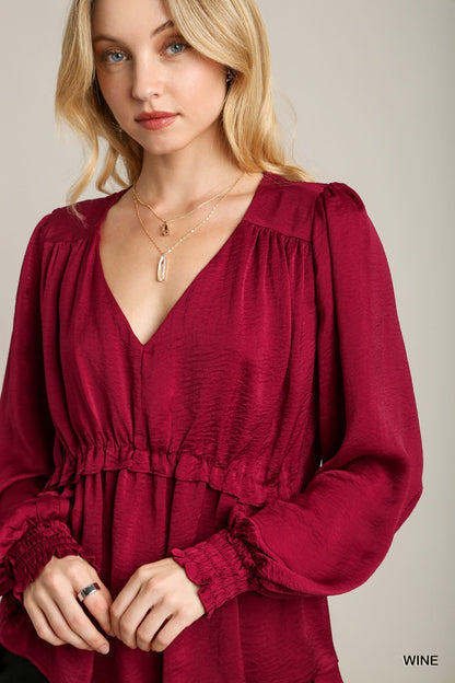 Satin V-neck Ruffle Baby Doll Top With Cuffed Long Sleeve