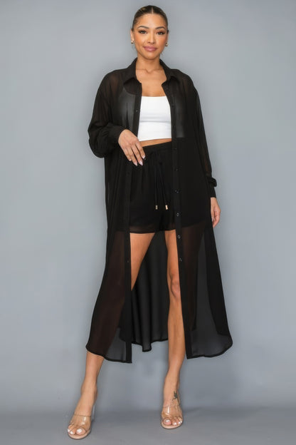 Chiffon Button Down Long Sleeve Side Slit Long Top With Short Set