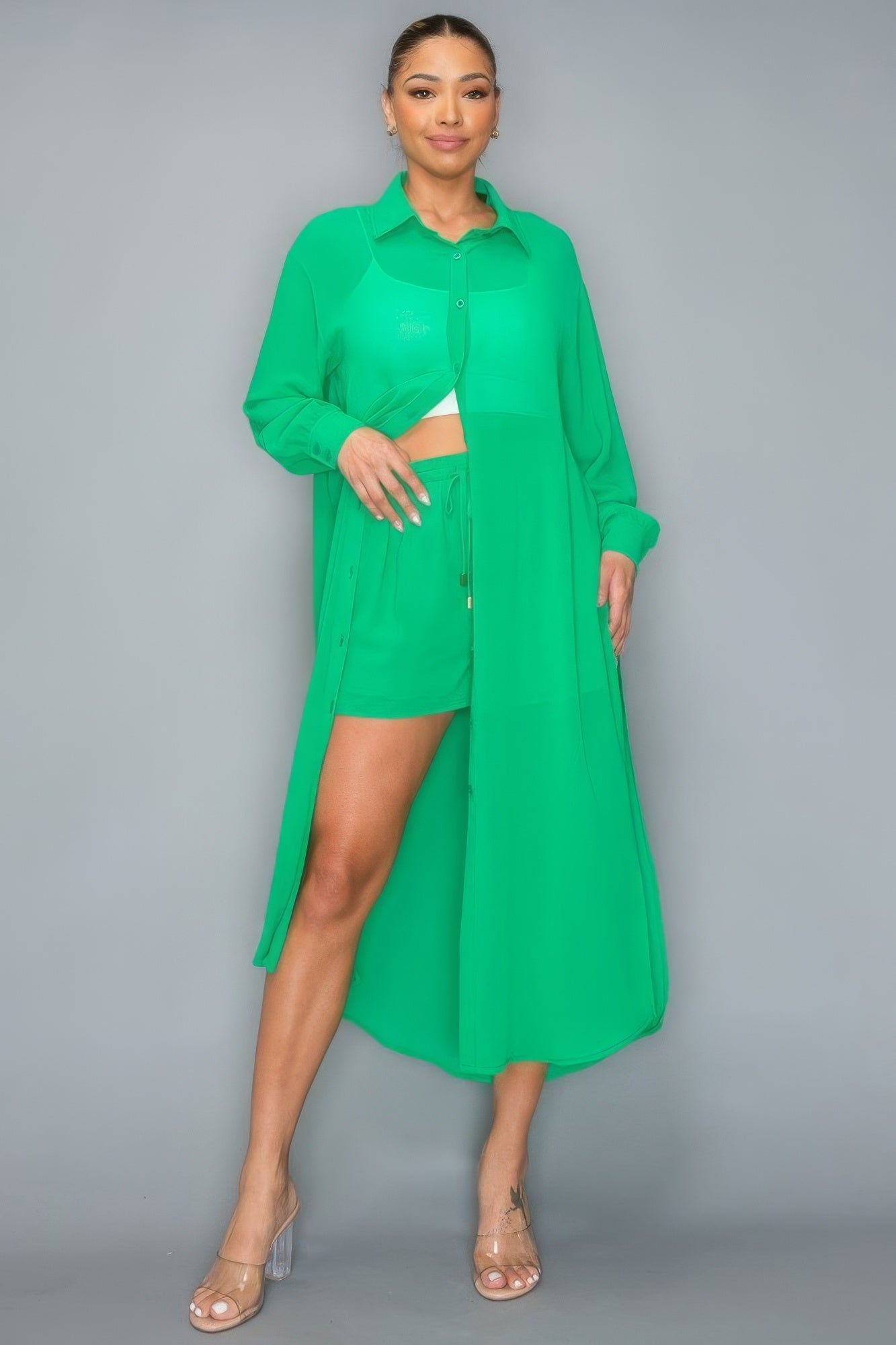 Chiffon Button Down Long Sleeve Side Slit Long Top With Short Set