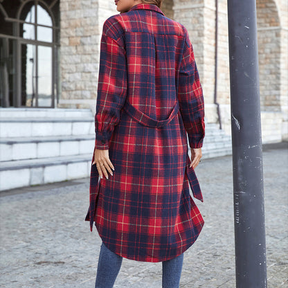 Plaid Belted Button Down Longline Shirt Jacket