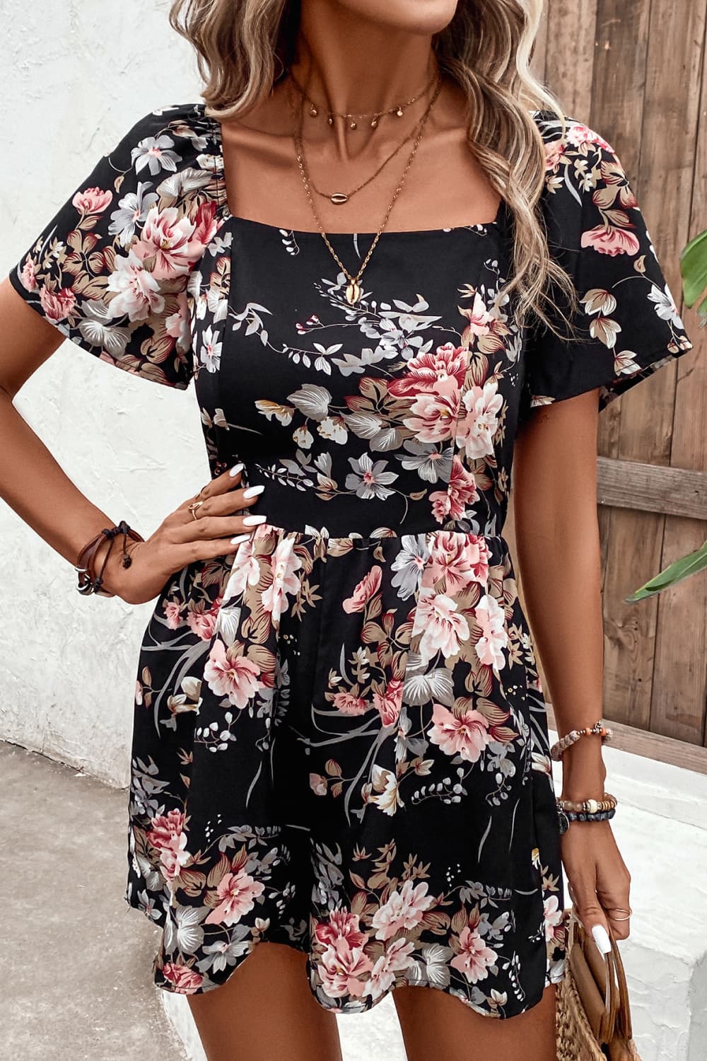 Floral Cutout Tie Back Romper