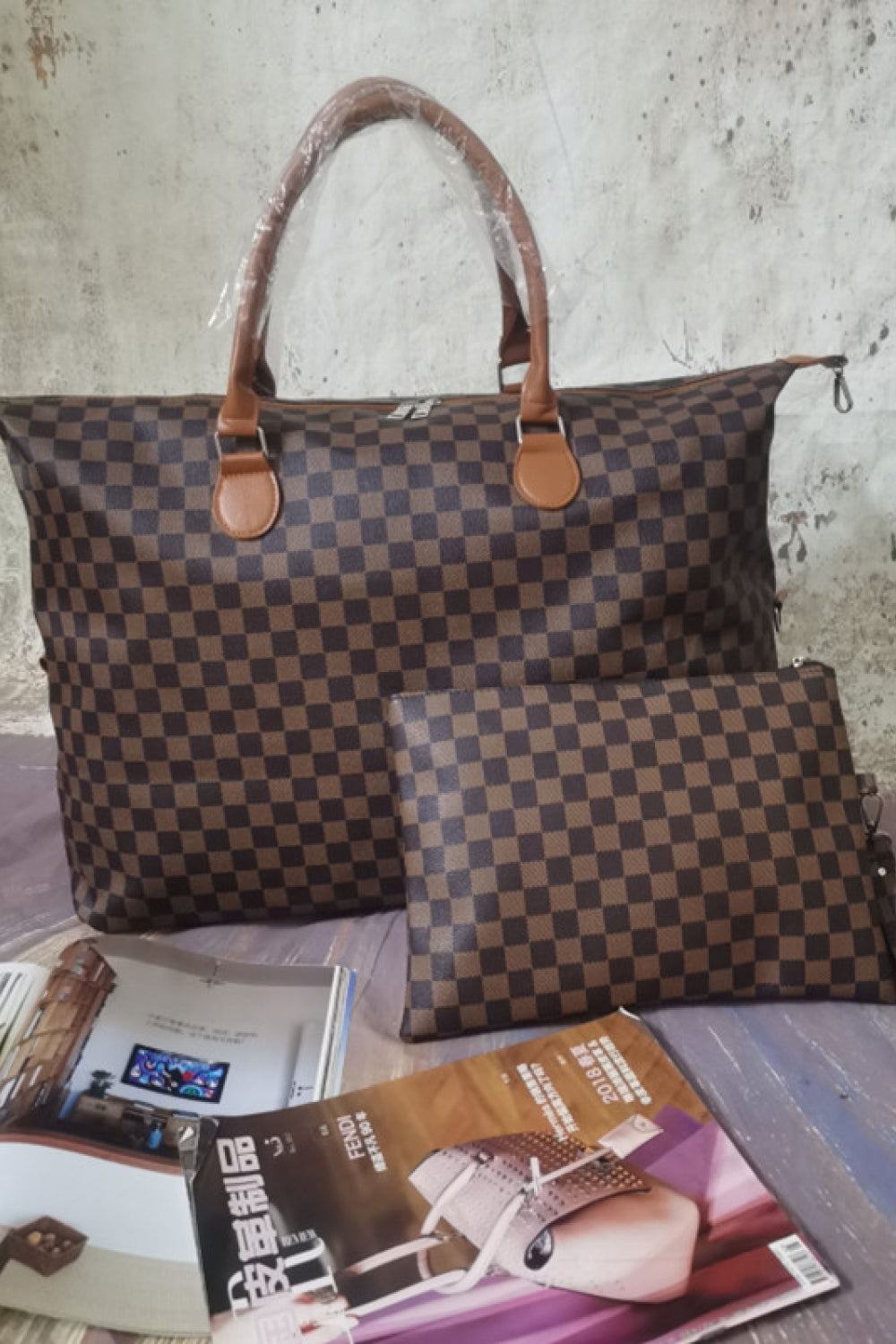 Checker Print Bag and Wallet Set