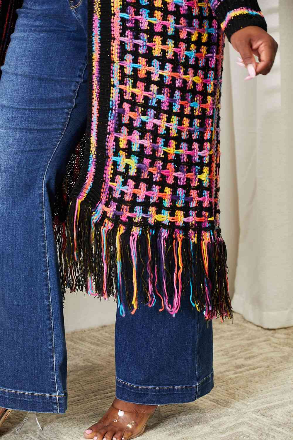 Crochet Knit Multicolored Open Front Fringe Cardigan