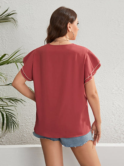 Plus Size Contrast V-Neck Layered Flutter Sleeve Blouse