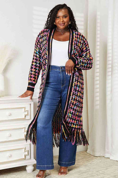 Crochet Knit Multicolored Open Front Fringe Cardigan