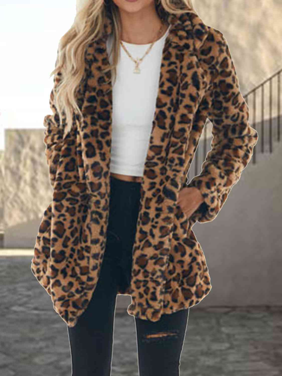 Leopard Collared Neck Coat with Pockets