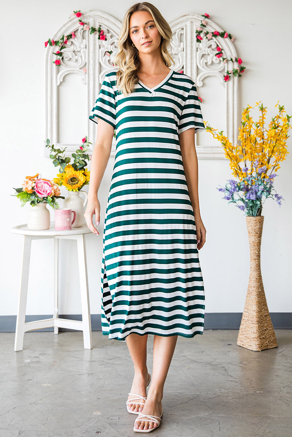 Striped V-Neck Short Sleeve Side Slit Dress