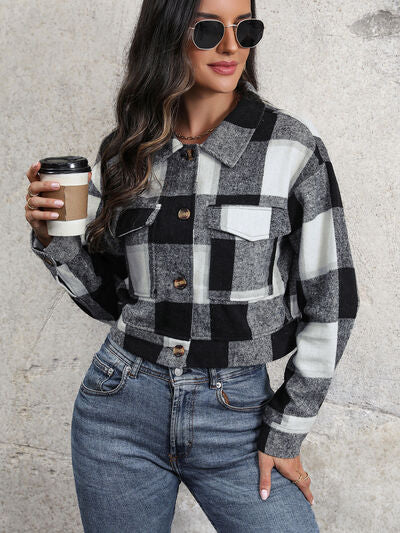 Plaid Button Up Drop Shoulder Cropped Jacket