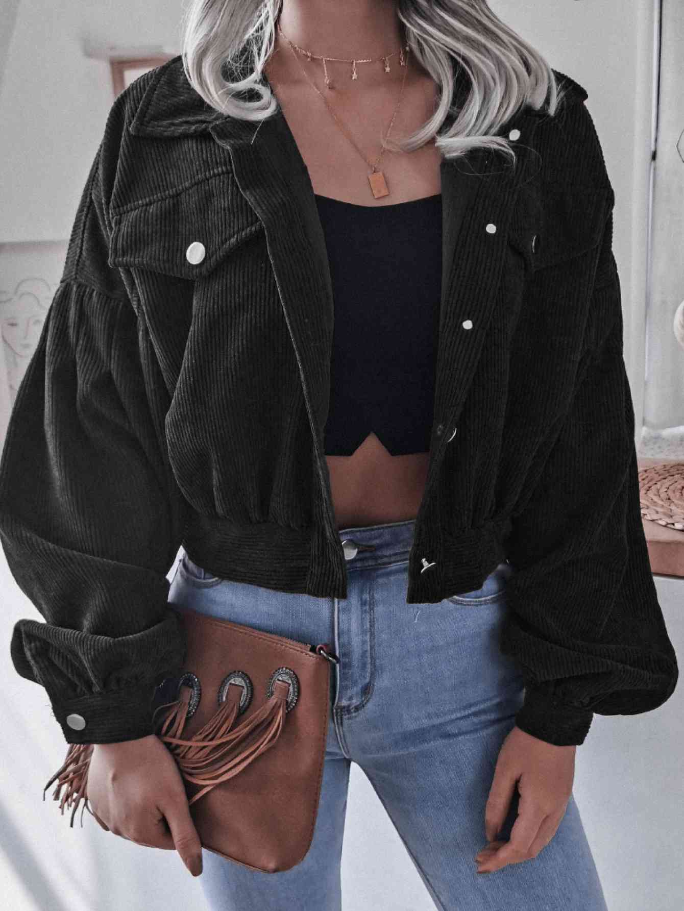 Lantern Sleeve Cropped Corduroy Jacket