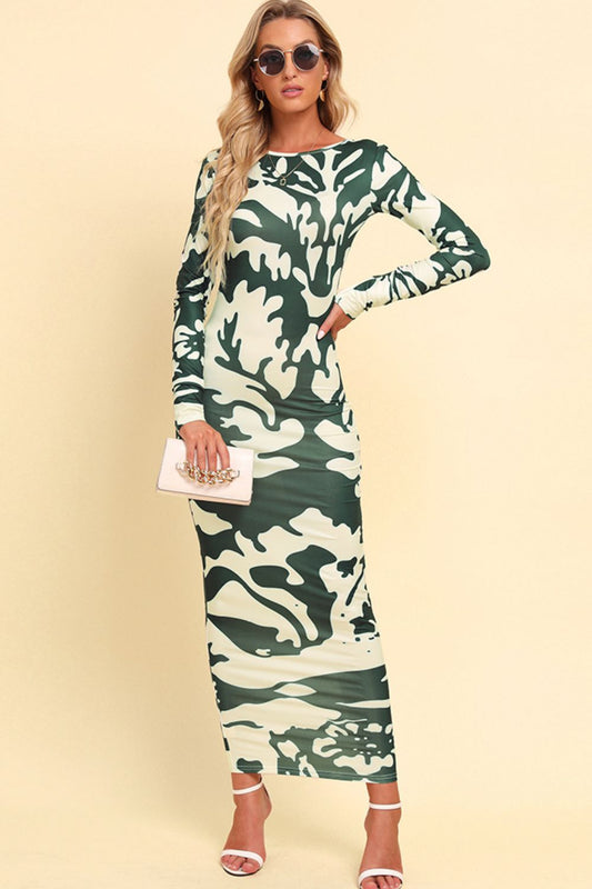 Printed Backless Long Sleeve Maxi Cocktail Dress