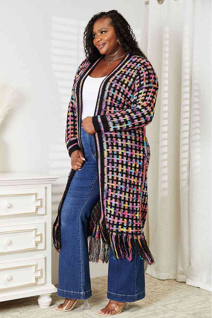 Crochet Knit Multicolored Open Front Fringe Cardigan