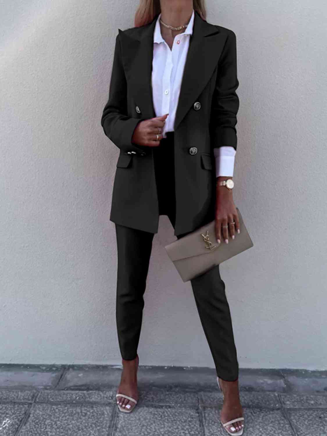 Lapel Collar Long Sleeve Blazer and Pants Set