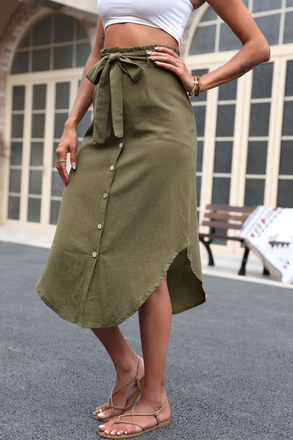 Tie Belt Frill Trim Buttoned Long Khaki Skirt