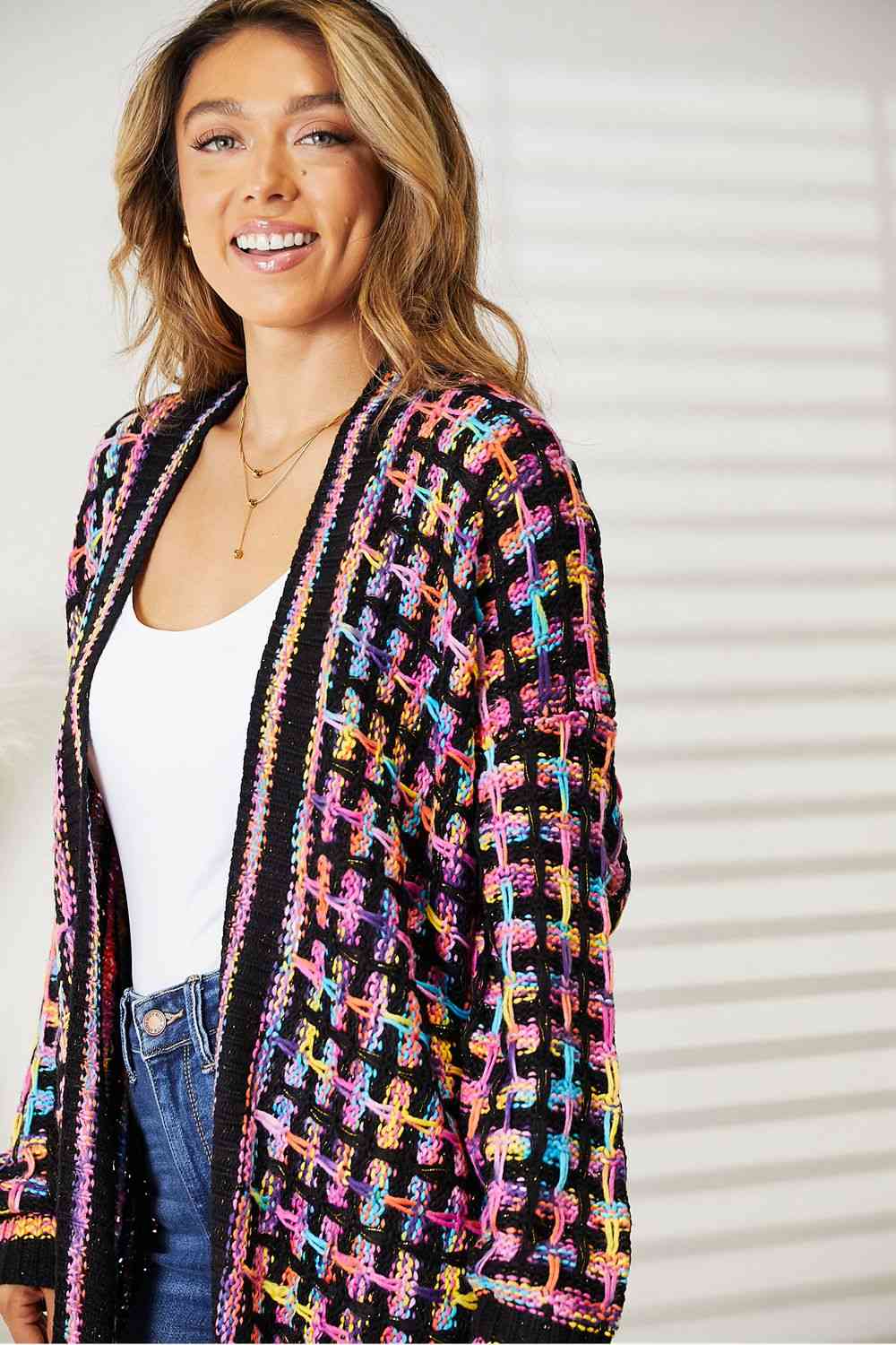 Crochet Knit Multicolored Open Front Fringe Cardigan