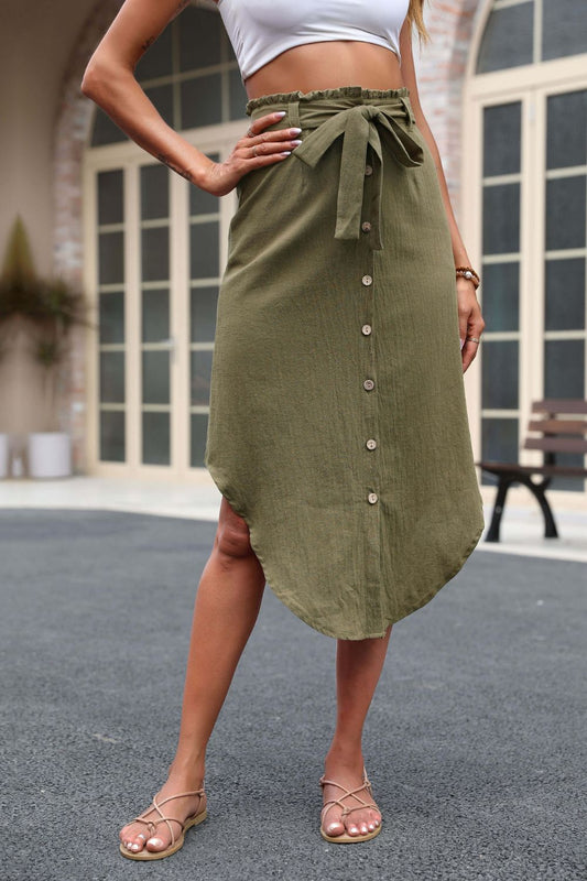 Tie Belt Frill Trim Buttoned Long Khaki Skirt