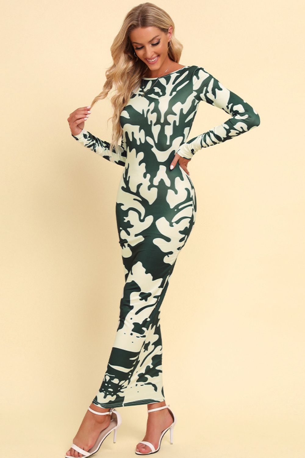 Printed Backless Long Sleeve Maxi Cocktail Dress