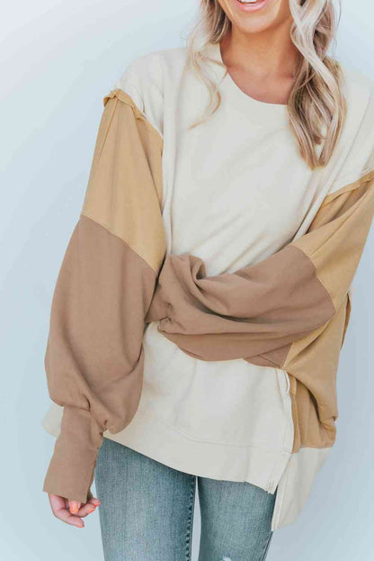 Color Block Exposed Seam Lantern Sleeve Sweatshirt