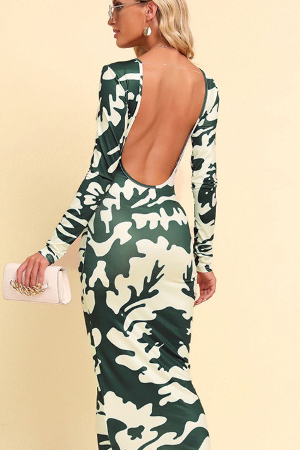 Printed Backless Long Sleeve Maxi Cocktail Dress